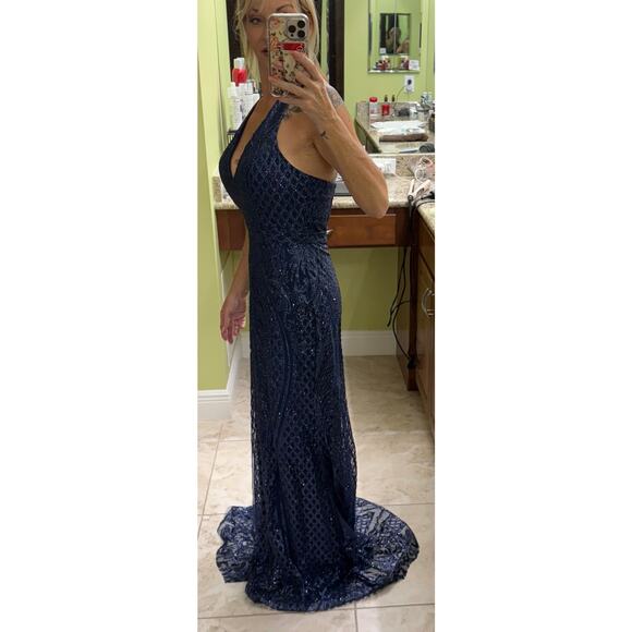 Abby Paris 90011 Formal midnight blue Glitter Gown 8 halter open back NWT $269 - Picture 3 of 14